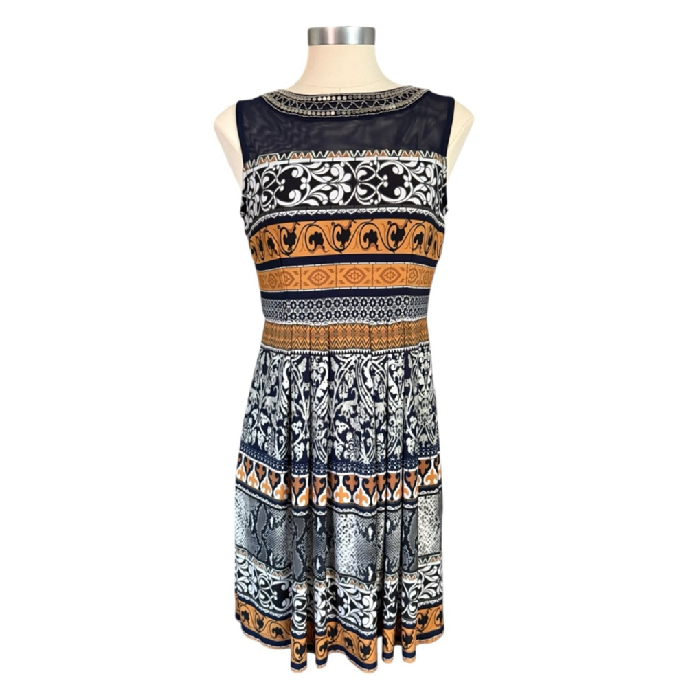 SANDRA DARREN womens navy orange printed sleeveless dress